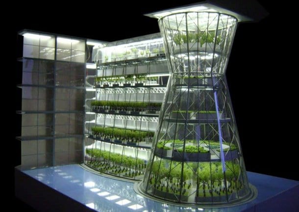 Agricultura vertical vinculada a otro edificio Clepsydra agricultura vertical prefabricada