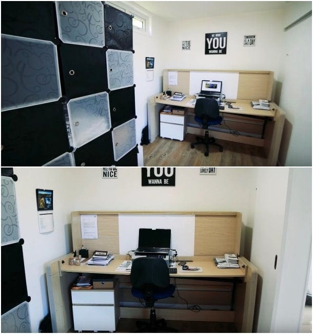 estudio con escritorio convertible en cama