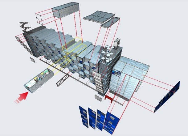 Edificios con contenedores Verbus System elementos principales de un módulo contenedor del Sistema V