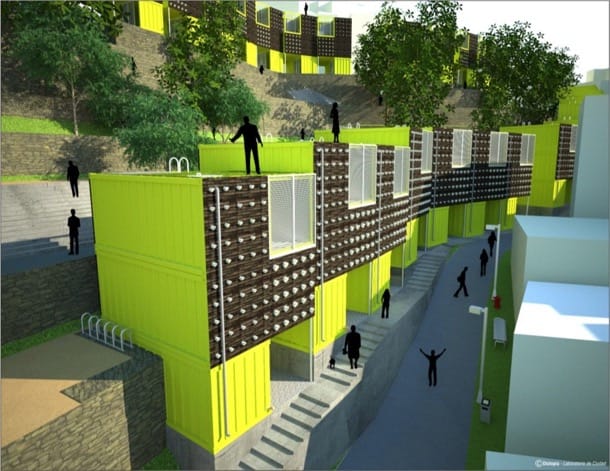 Viviendas con contenedores para Caracas render barrio con prototipo vivienda-container