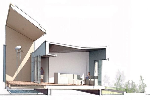 Casa SunShower: con paneles prefabricados render sección Casa SunShower