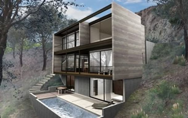 Hollywood Hybrid, de prefabricadas Radziner render exterior de casa híbrida