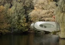 Moderno refugio con sauna moderno refugio en paisaje con agua