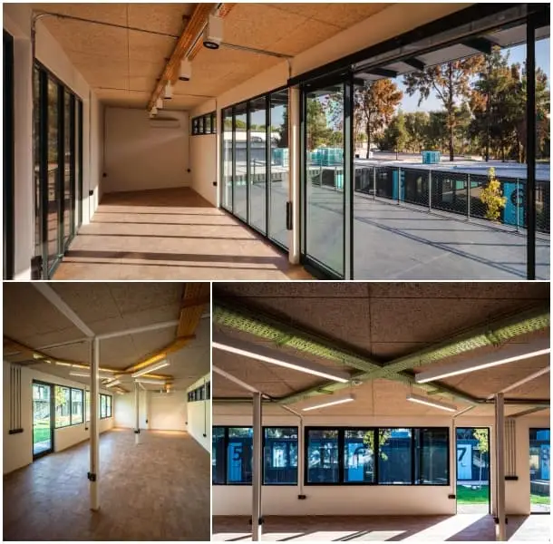 Tres fotos del interior de instalaciones de i+D, hechas con contenedores marítimos.