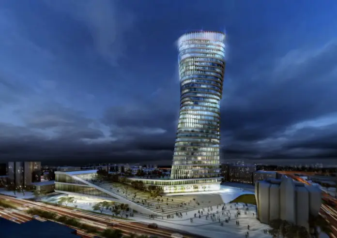 render de rascacielos para propuesta de ayuntamiento de Netanya (Israel).
