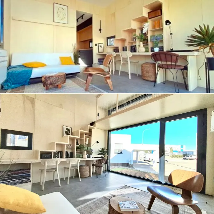 Dos fotos de la sala de estar de la pequeña casa Kyabin
