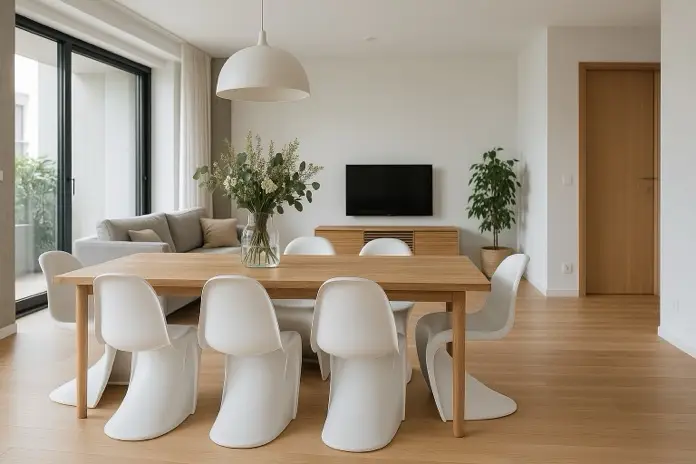 Sala con sillas Panton en la mesa de comedor.
