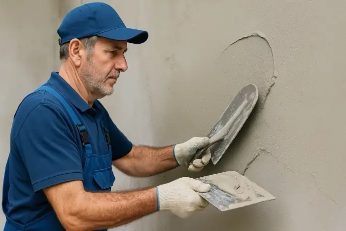 Obrero de la construcción aplicando un revestimiento continuo en una pared.