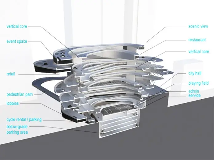 Sección en perspectiva de torre de aparcamientos para Hong Kong.