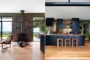 Aspecto de la chimenea y la cocina, con azulejos de acabado metálico.