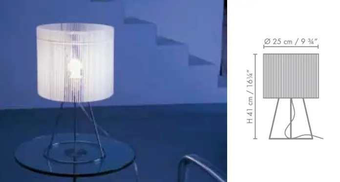 Modelo de lámpara con pantalla en varillas de color blanco. Y dimensiones de la lámpara Hawai.