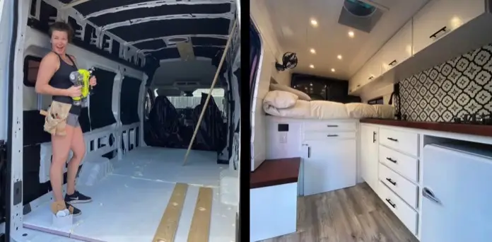 Antes y después de una furgoneta alterada para funcionar como autocaravana.