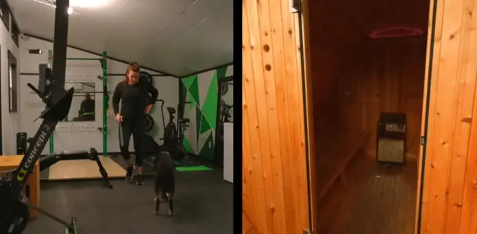 Stacie en el gimnasio de su pequeño resort. A la derecha, foto de la sauna.