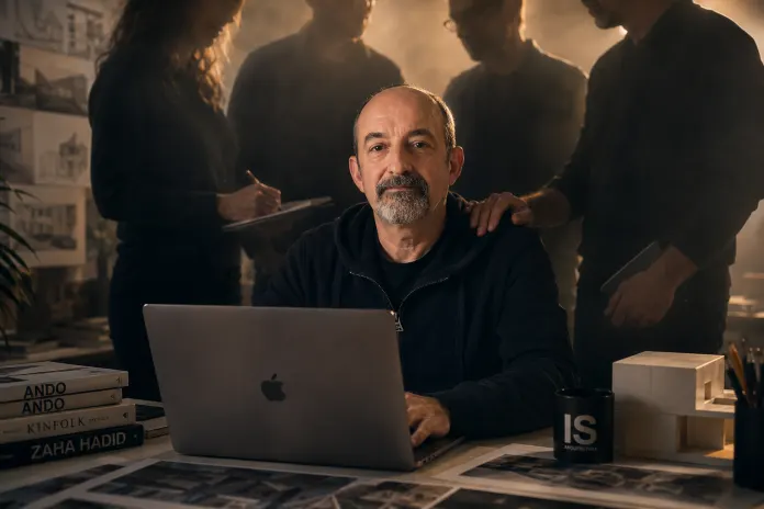 Fermín Gómez Fernández (Adfer Dazne), fundador y editor de IS-ARQuitectura, en su espacio de trabajo